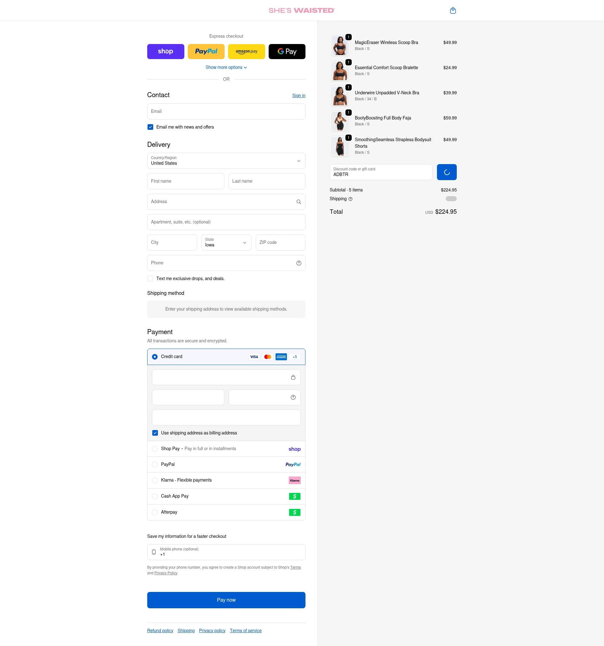 Shes Waisted checkout page showing Shes Waisted discount code box | Screenshot taken by SimplyCodes community member on Feb 21, 2026
