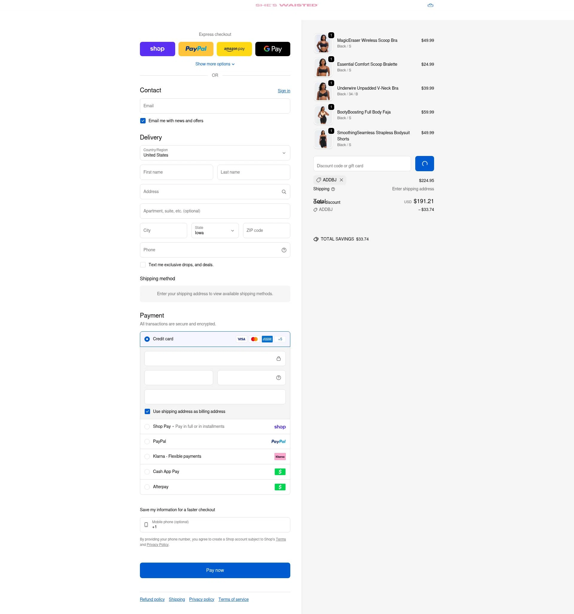 Shes Waisted checkout page showing Shes Waisted discount code box | Screenshot taken by SimplyCodes community member on Feb 21, 2026