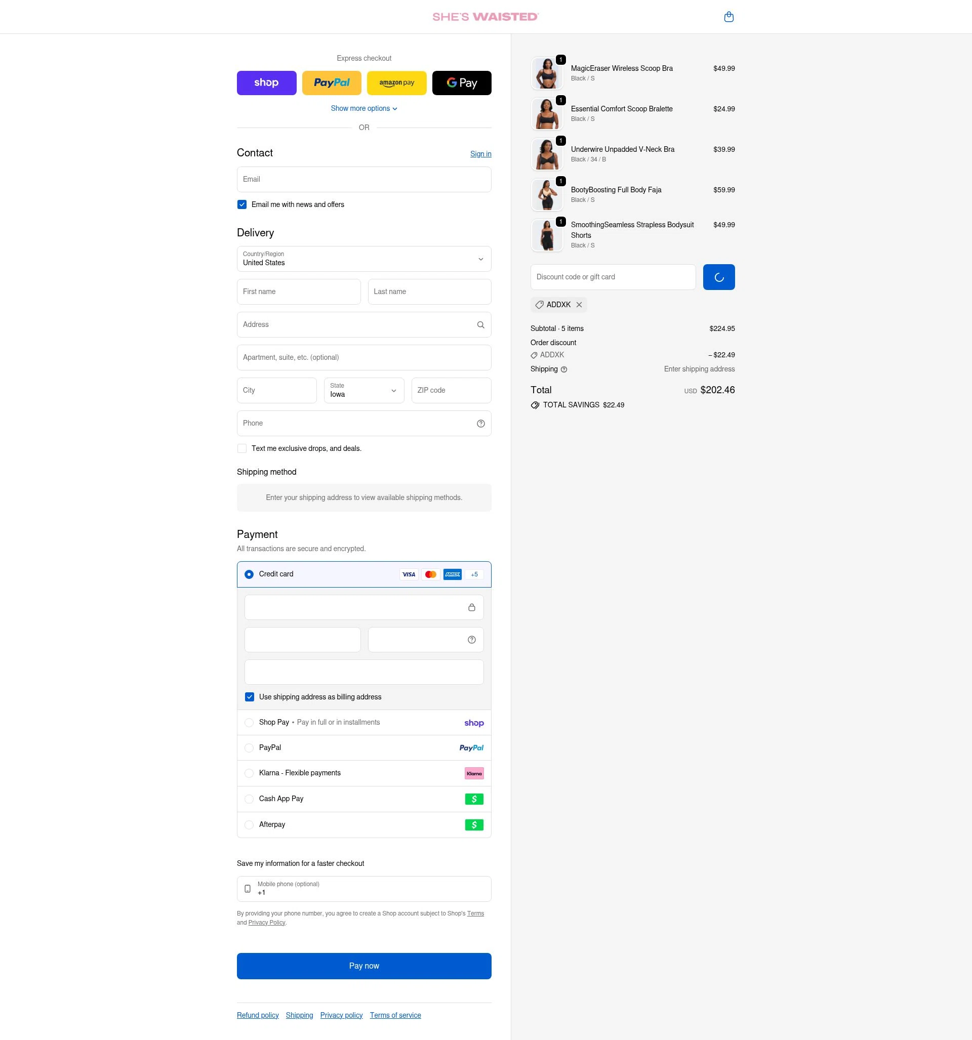 Shes Waisted checkout page showing Shes Waisted discount code box | Screenshot taken by SimplyCodes community member on Feb 21, 2026