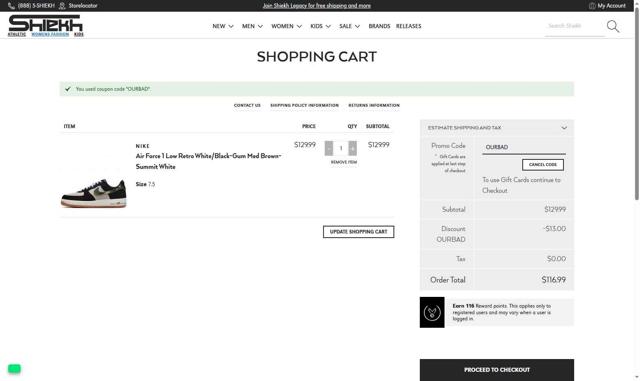 Shiekh checkout page showing Shiekh promo code box | Screenshot taken by SimplyCodes community member on Aug 25, 2025
