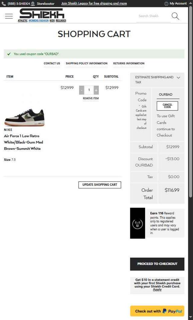 Shiekh checkout page showing Shiekh promo code box | Screenshot taken by SimplyCodes community member on Aug 14, 2025