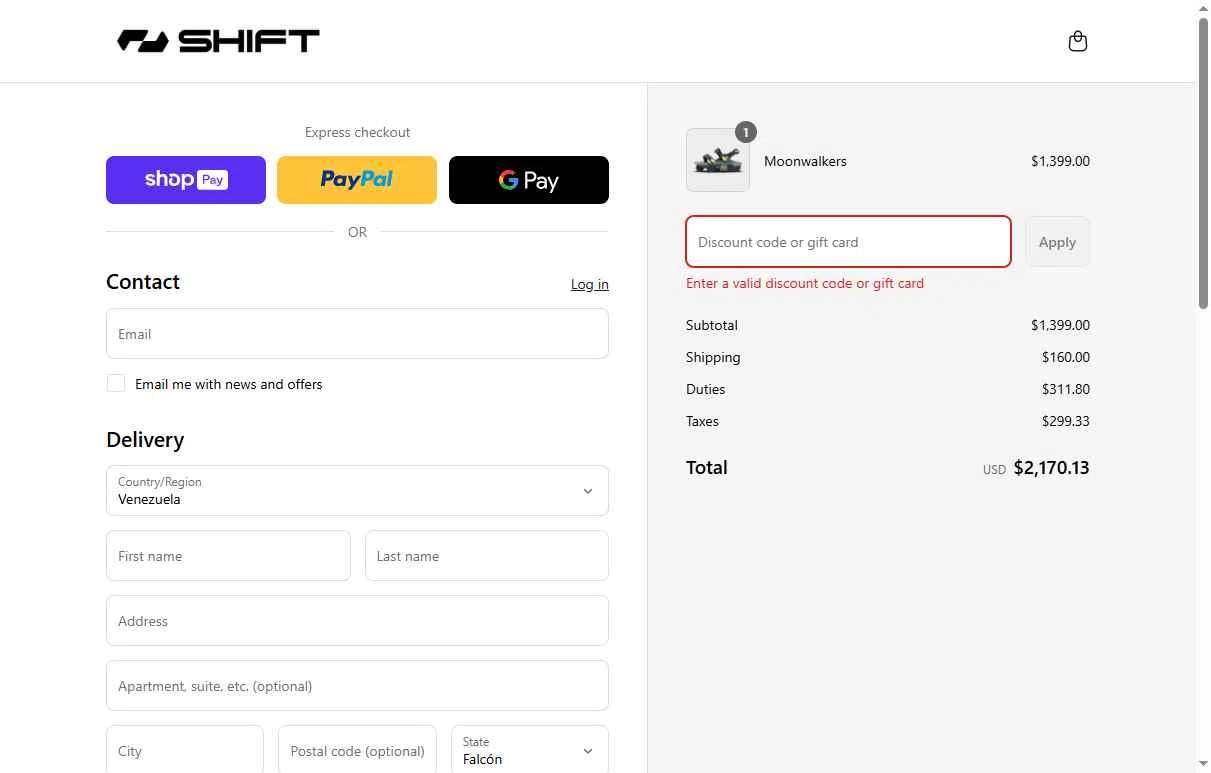 Shift Robotics checkout page showing Shift Robotics promo code box | Screenshot taken by SimplyCodes community member on Aug 1, 2025