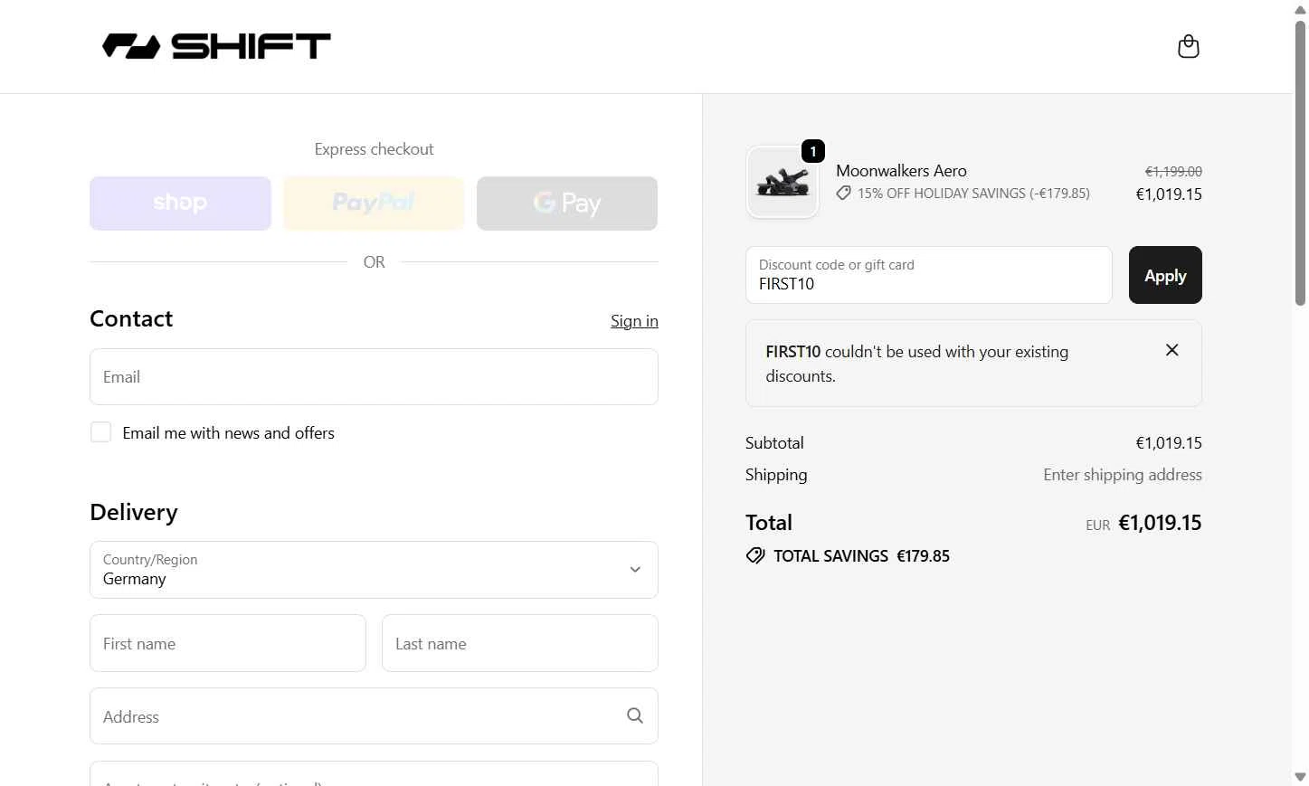 Shift Robotics checkout page showing Shift Robotics promo code box | Screenshot taken by SimplyCodes community member on Dec 10, 2025