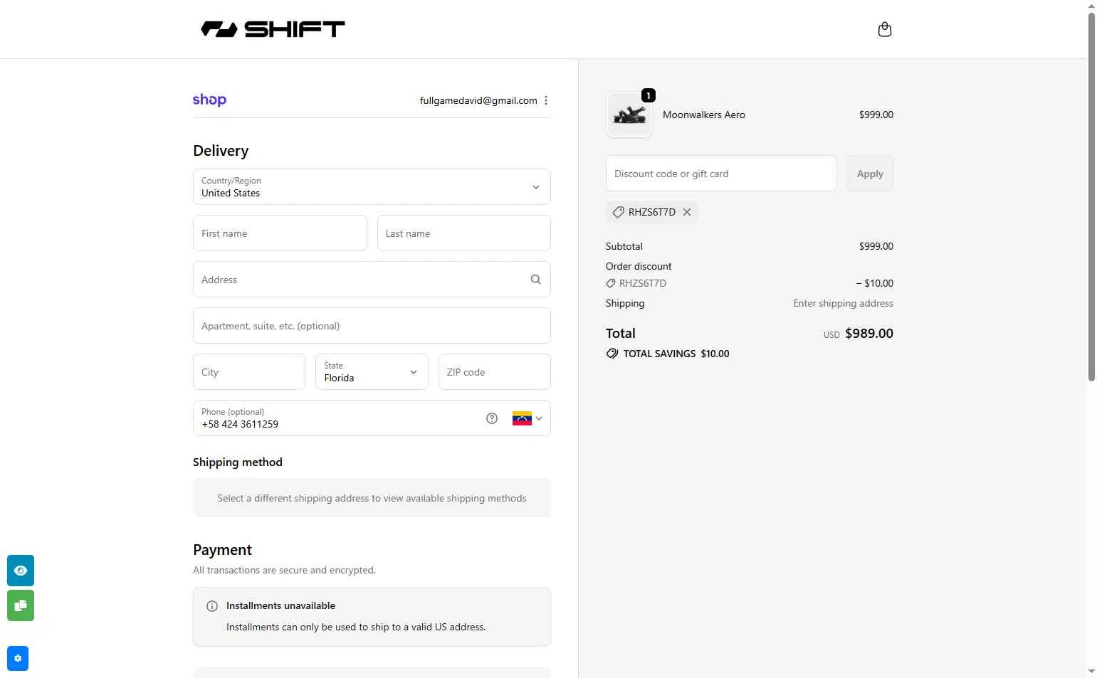 Shift Robotics checkout page showing Shift Robotics promo code box | Screenshot taken by SimplyCodes community member on Oct 4, 2025