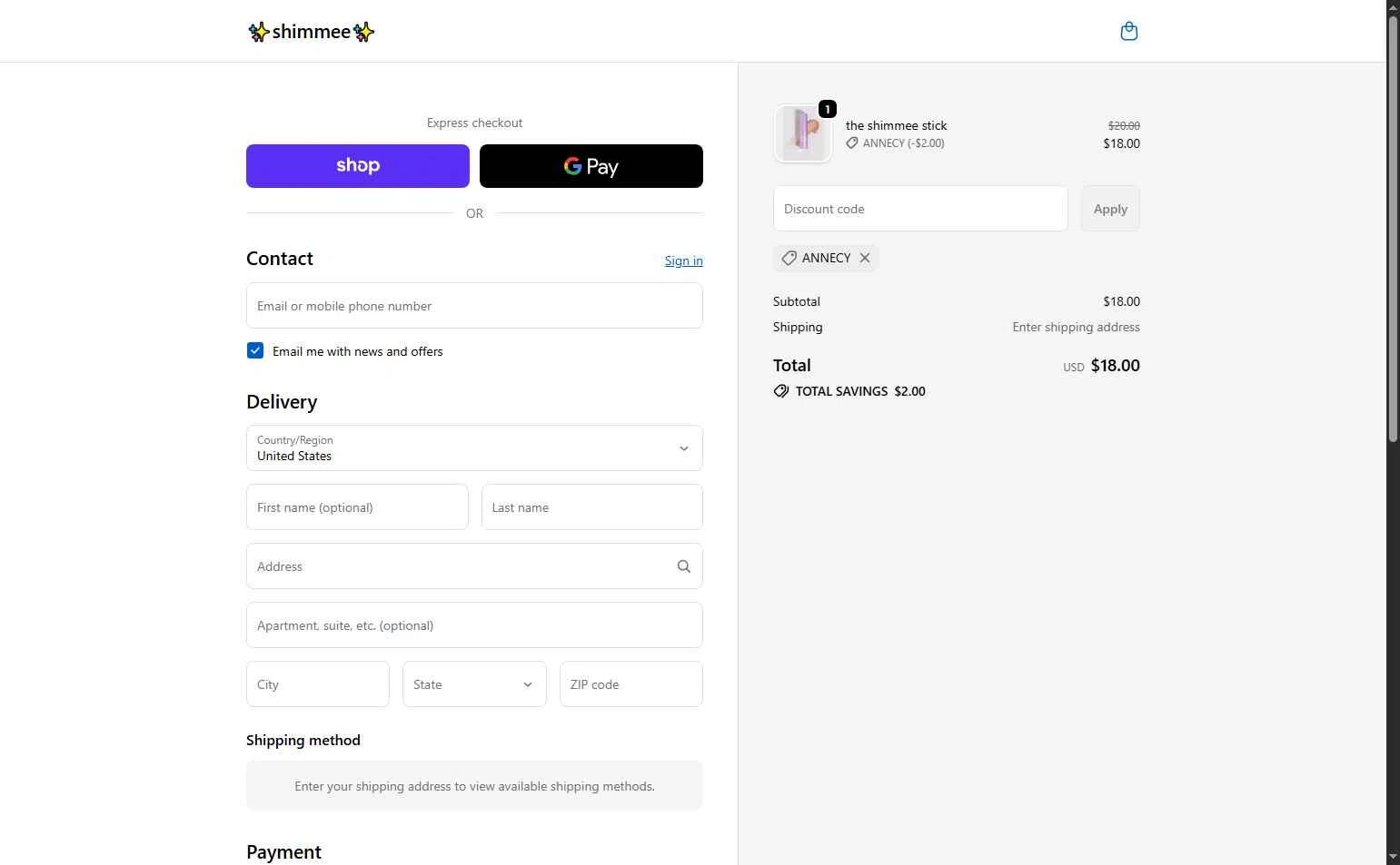 shimmee checkout page showing shimmee promo code box | Screenshot taken by SimplyCodes community member on Dec 23, 2025