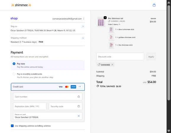 shimmee checkout page showing shimmee promo code box | Screenshot taken by SimplyCodes community member on Jan 4, 2026