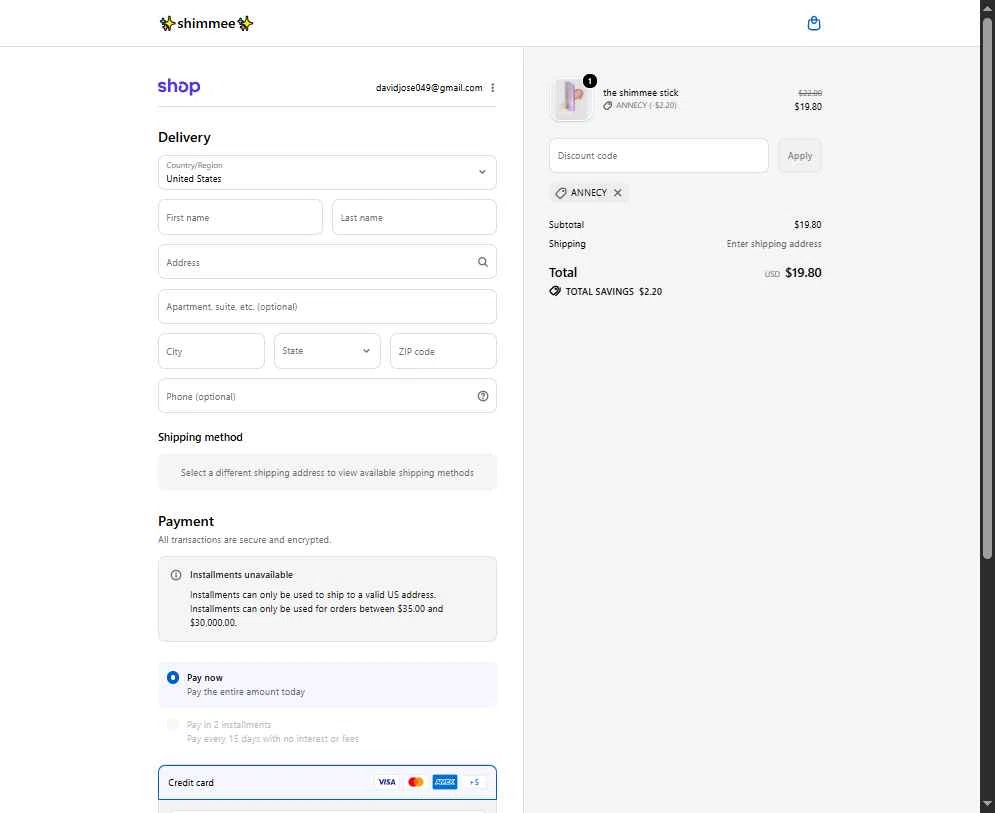 shimmee checkout page showing shimmee promo code box | Screenshot taken by SimplyCodes community member on Jan 21, 2026