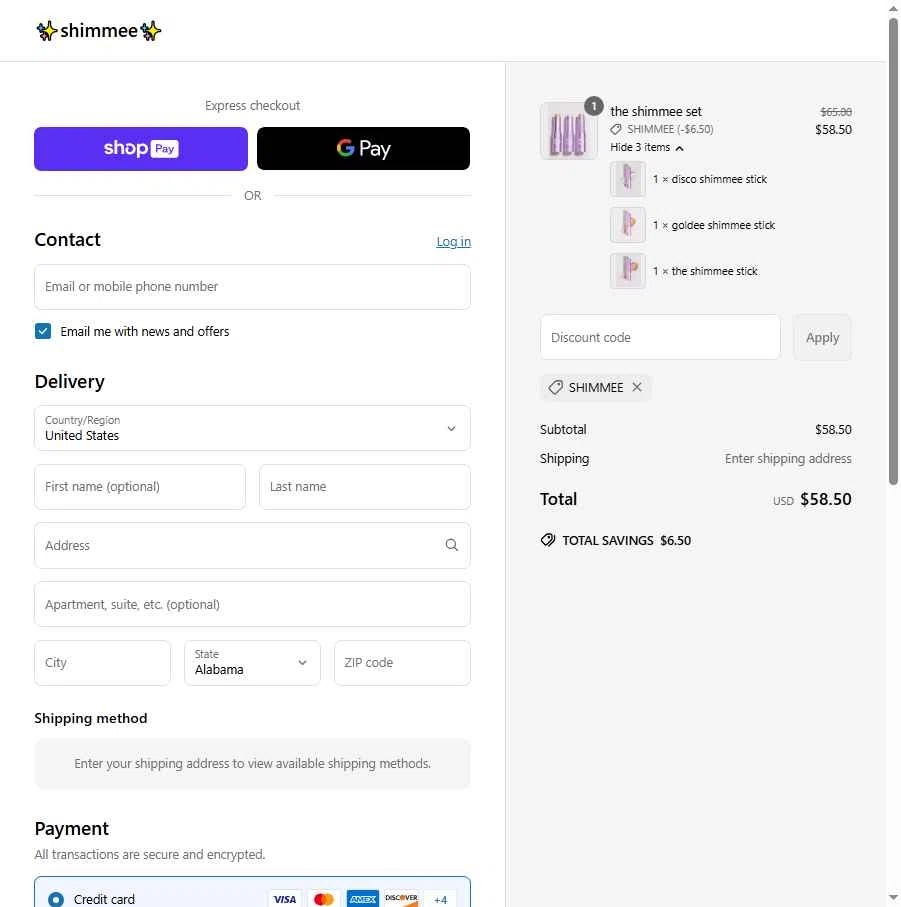 shimmee checkout page showing shimmee promo code box | Screenshot taken by SimplyCodes community member on May 17, 2025