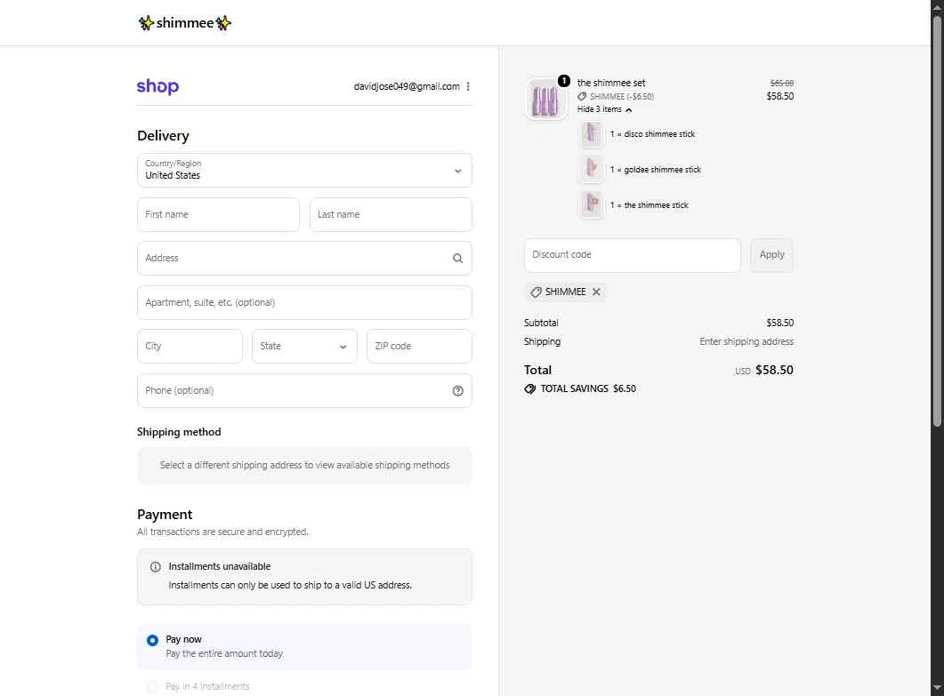 shimmee checkout page showing shimmee promo code box | Screenshot taken by SimplyCodes community member on Oct 9, 2025