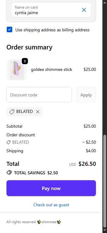 shimmee checkout page showing shimmee promo code box | Screenshot taken by SimplyCodes community member on Nov 20, 2025