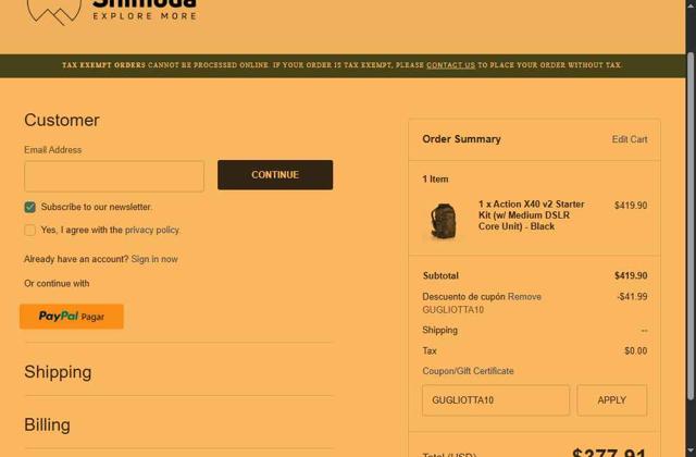 Shimoda Designs checkout page showing Shimoda Designs promo code box | Screenshot taken by SimplyCodes community member on Aug 16, 2025