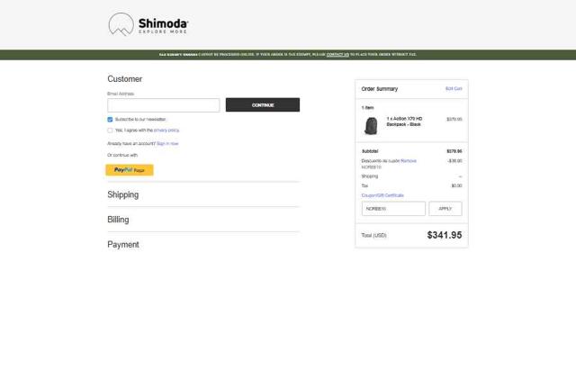Shimoda Designs checkout page showing Shimoda Designs promo code box | Screenshot taken by SimplyCodes community member on Sep 12, 2025