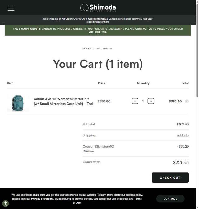 Shimoda Designs checkout page showing Shimoda Designs promo code box | Screenshot taken by SimplyCodes community member on Aug 11, 2025