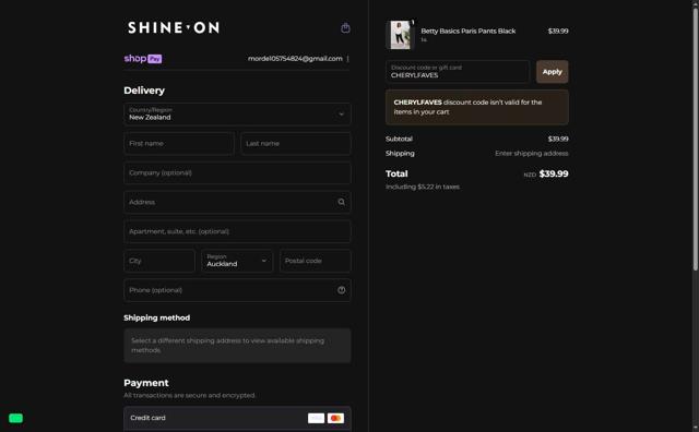 Shine On checkout page showing Shine On discount code box | Screenshot taken by SimplyCodes community member on Aug 19, 2025