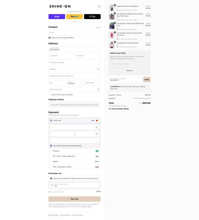 Shine On checkout page showing Shine On discount code box | Screenshot taken by SimplyCodes community member on Aug 12, 2025