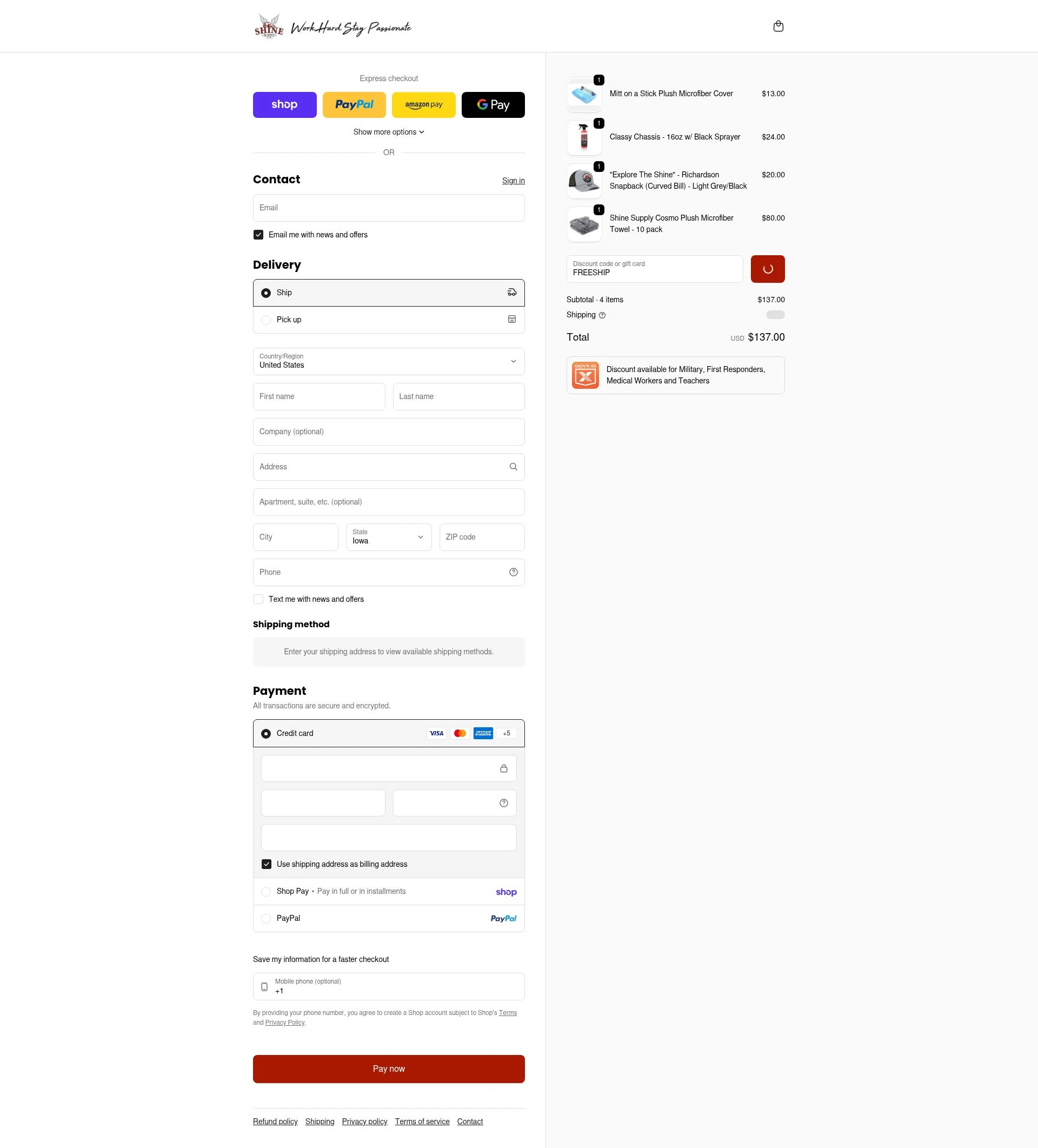 SHINE SUPPLY checkout page showing SHINE SUPPLY discount code box | Screenshot taken by SimplyCodes community member on Feb 6, 2026