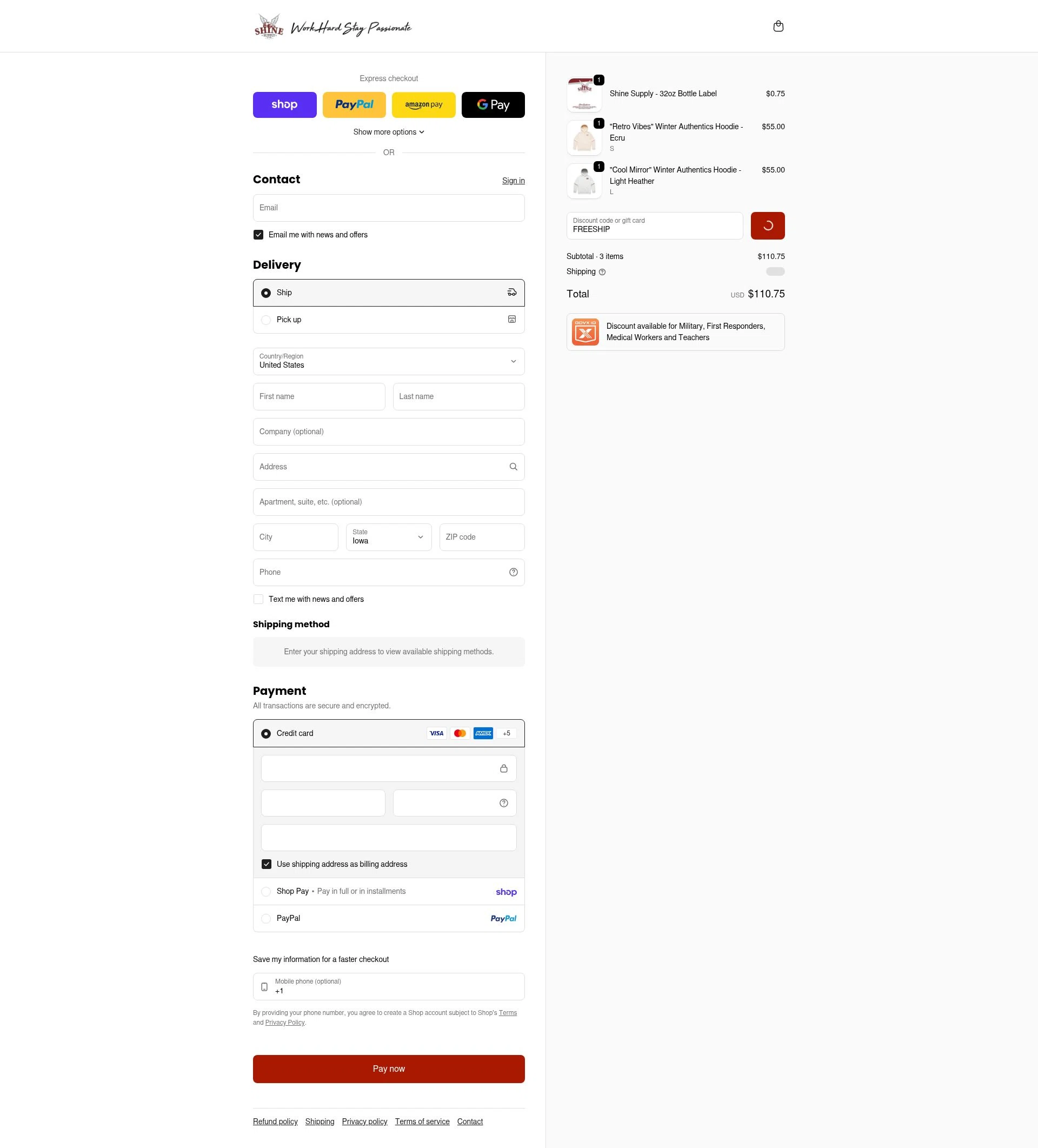 SHINE SUPPLY checkout page showing SHINE SUPPLY discount code box | Screenshot taken by SimplyCodes community member on Feb 24, 2026