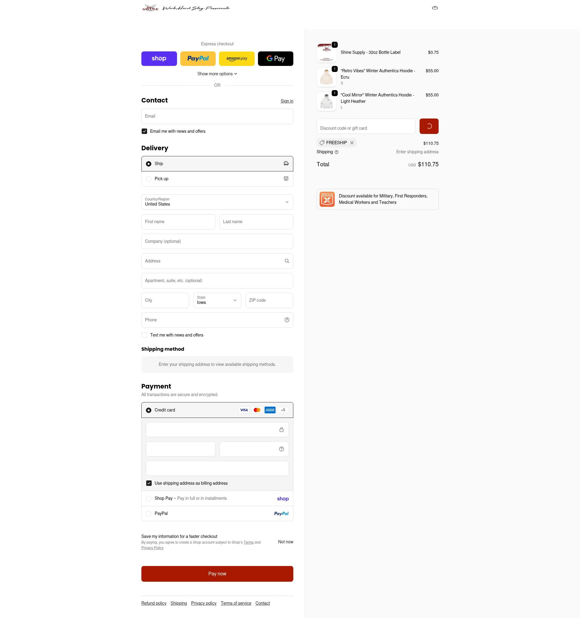SHINE SUPPLY checkout page showing SHINE SUPPLY discount code box | Screenshot taken by SimplyCodes community member on Feb 14, 2026