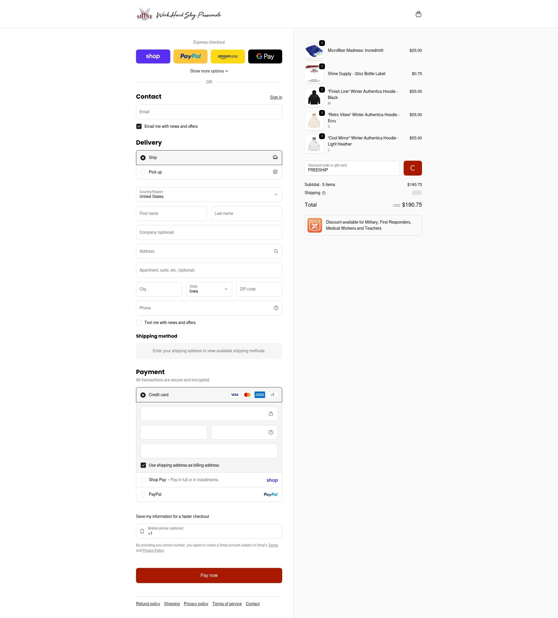 SHINE SUPPLY checkout page showing SHINE SUPPLY discount code box | Screenshot taken by SimplyCodes community member on Feb 9, 2026