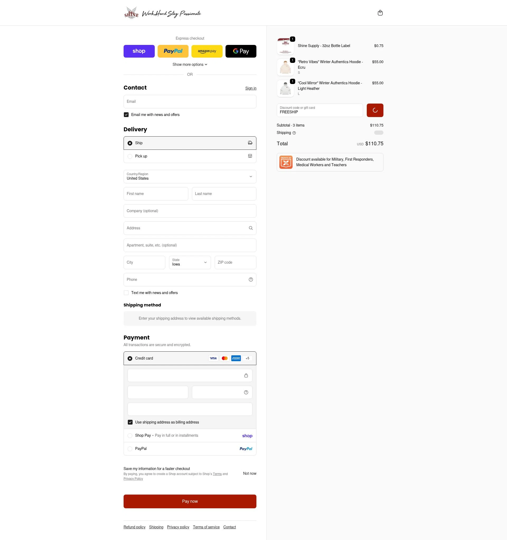SHINE SUPPLY checkout page showing SHINE SUPPLY discount code box | Screenshot taken by SimplyCodes community member on Feb 19, 2026
