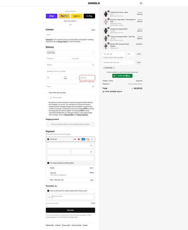 Shinola checkout page showing Shinola discount code box | Screenshot taken by SimplyCodes community member on Sep 3, 2025