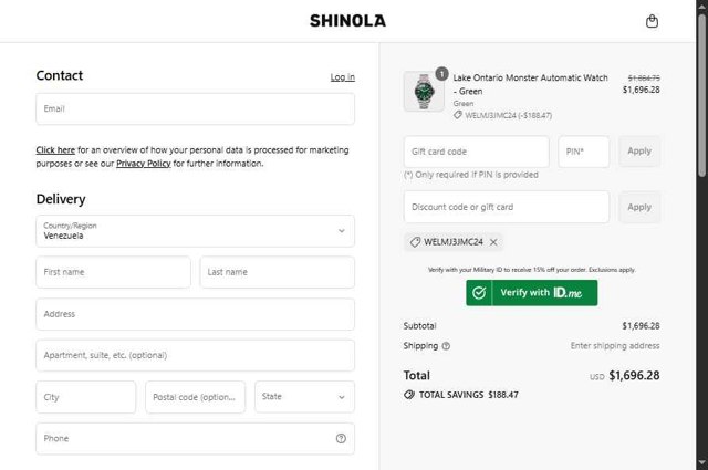 Shinola checkout page showing Shinola discount code box | Screenshot taken by SimplyCodes community member on Aug 27, 2025