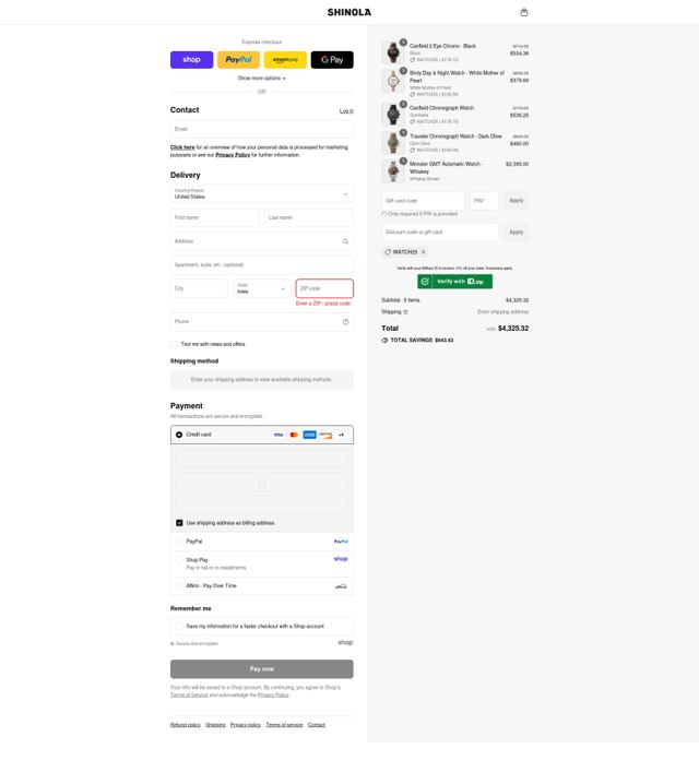 Shinola checkout page showing Shinola discount code box | Screenshot taken by SimplyCodes community member on Aug 29, 2025