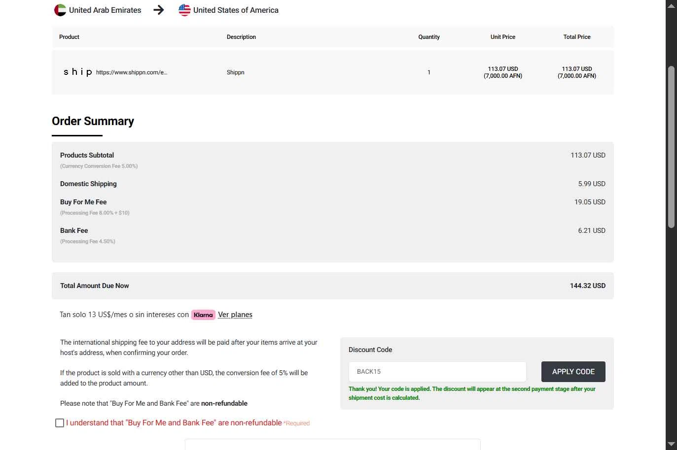 Shippn checkout page showing Shippn discount code box | Screenshot taken by SimplyCodes community member on Jan 10, 2026