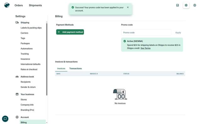 Shippo checkout page showing Shippo promo code box | Screenshot taken by SimplyCodes community member on Aug 4, 2025
