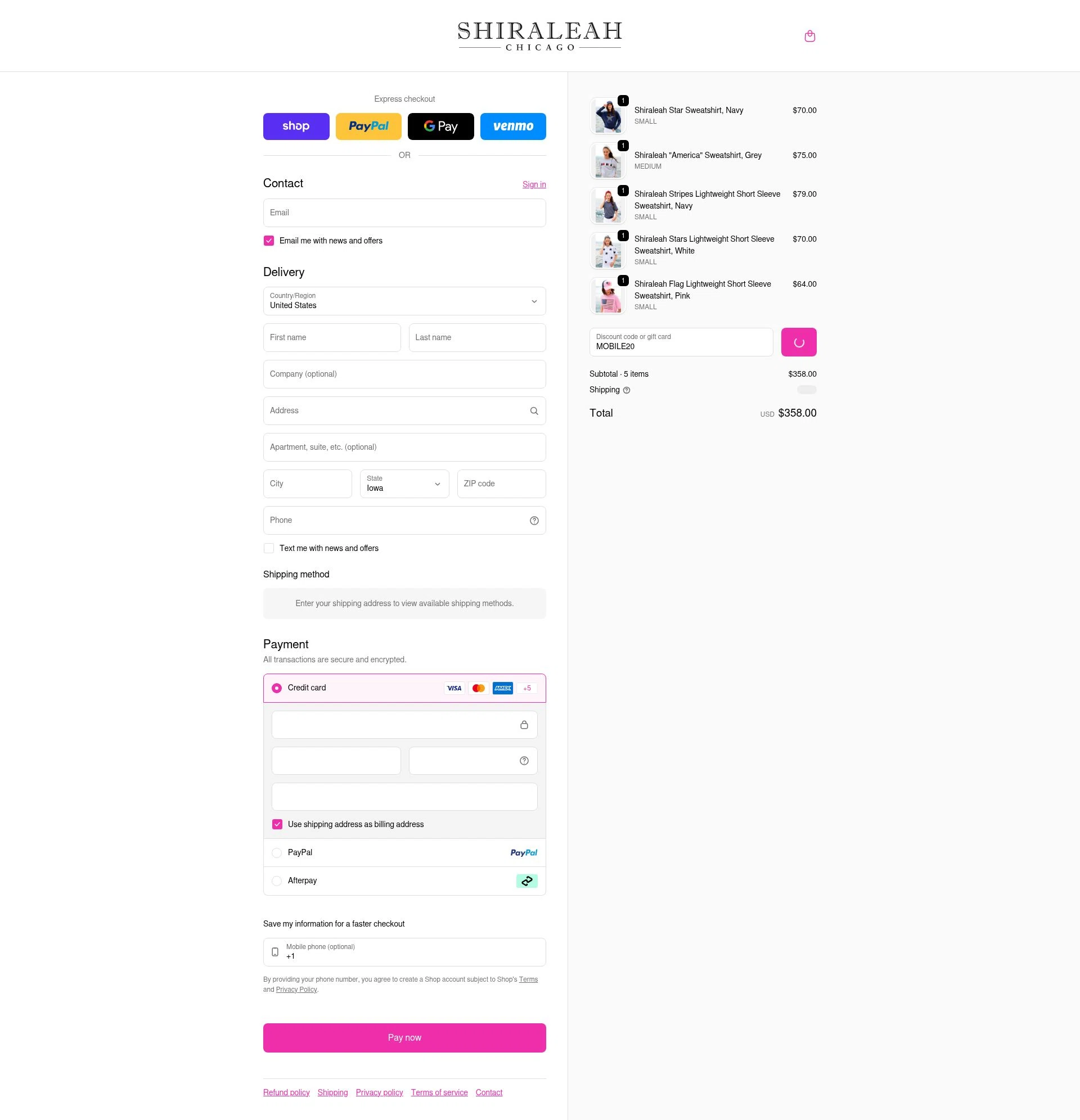 Shiraleah checkout page showing Shiraleah discount code box | Screenshot taken by SimplyCodes community member on Feb 5, 2026