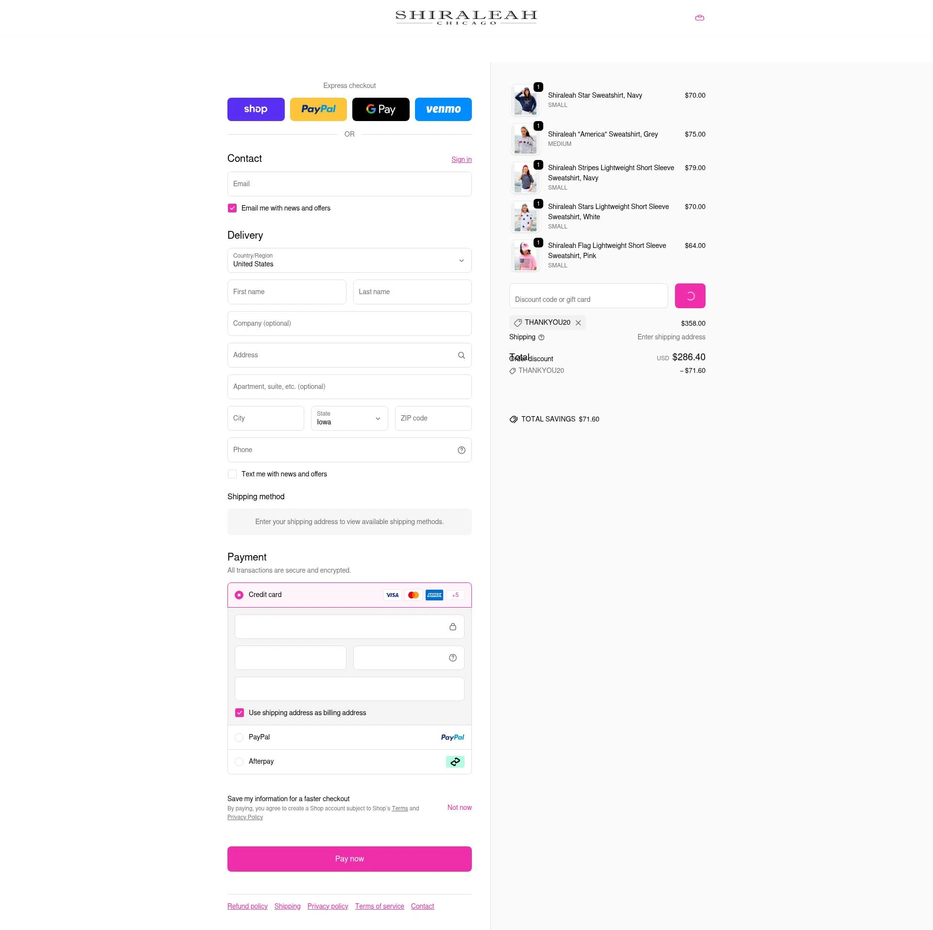 Shiraleah checkout page showing Shiraleah discount code box | Screenshot taken by SimplyCodes community member on Feb 14, 2026