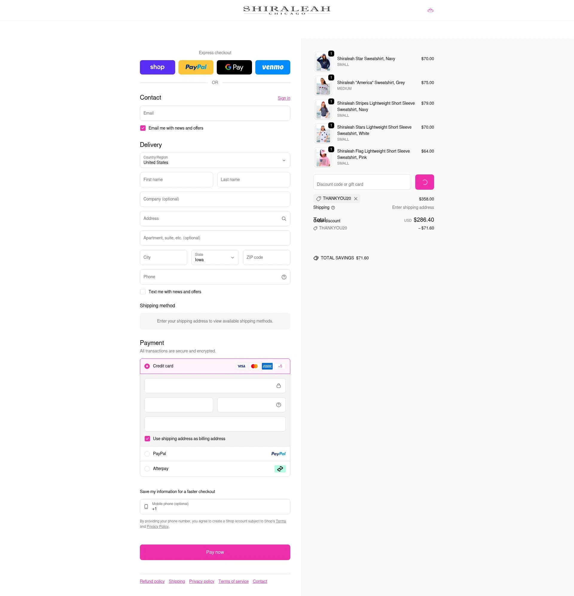 Shiraleah checkout page showing Shiraleah discount code box | Screenshot taken by SimplyCodes community member on Feb 9, 2026