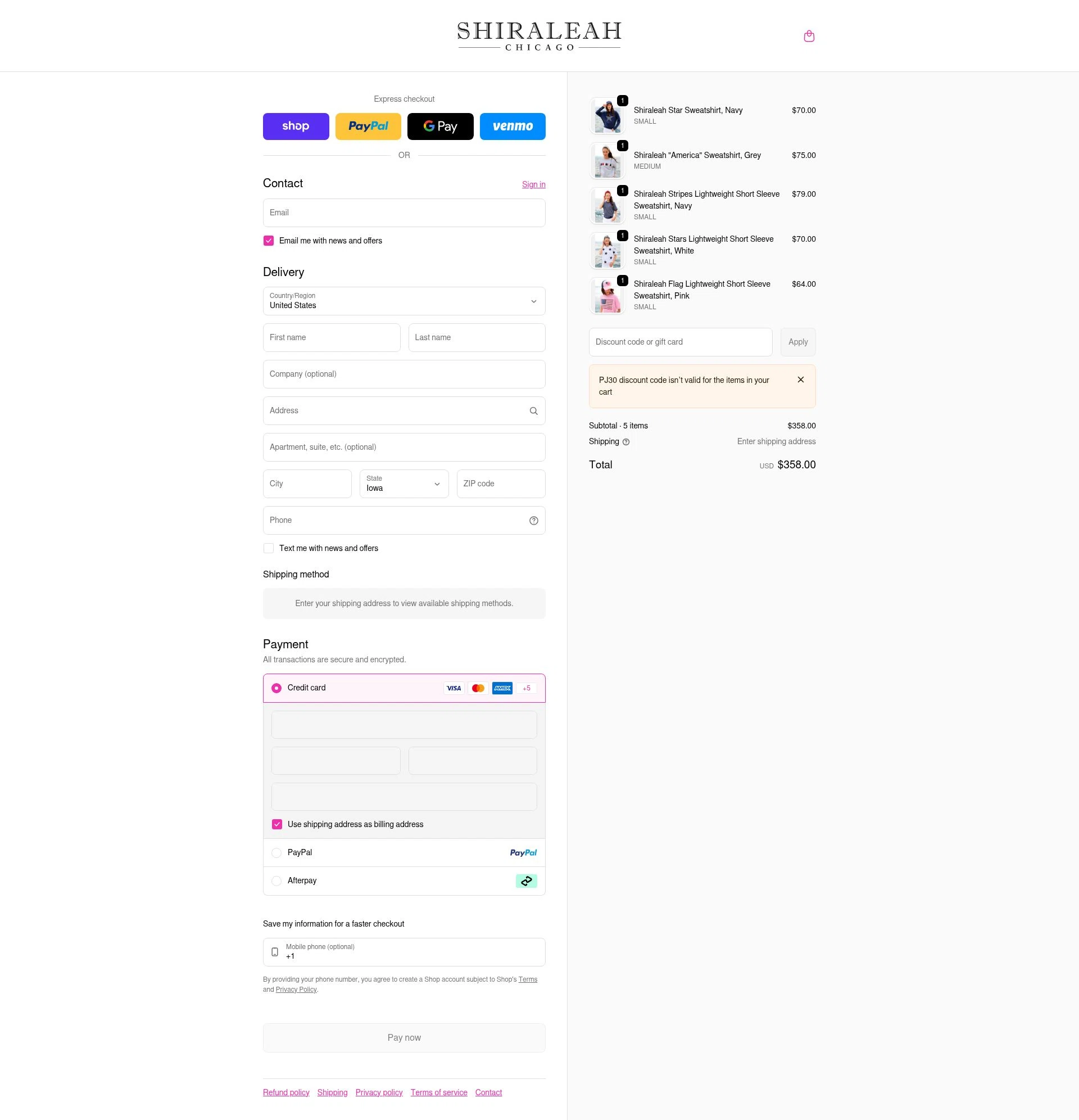 Shiraleah checkout page showing Shiraleah discount code box | Screenshot taken by SimplyCodes community member on Feb 9, 2026