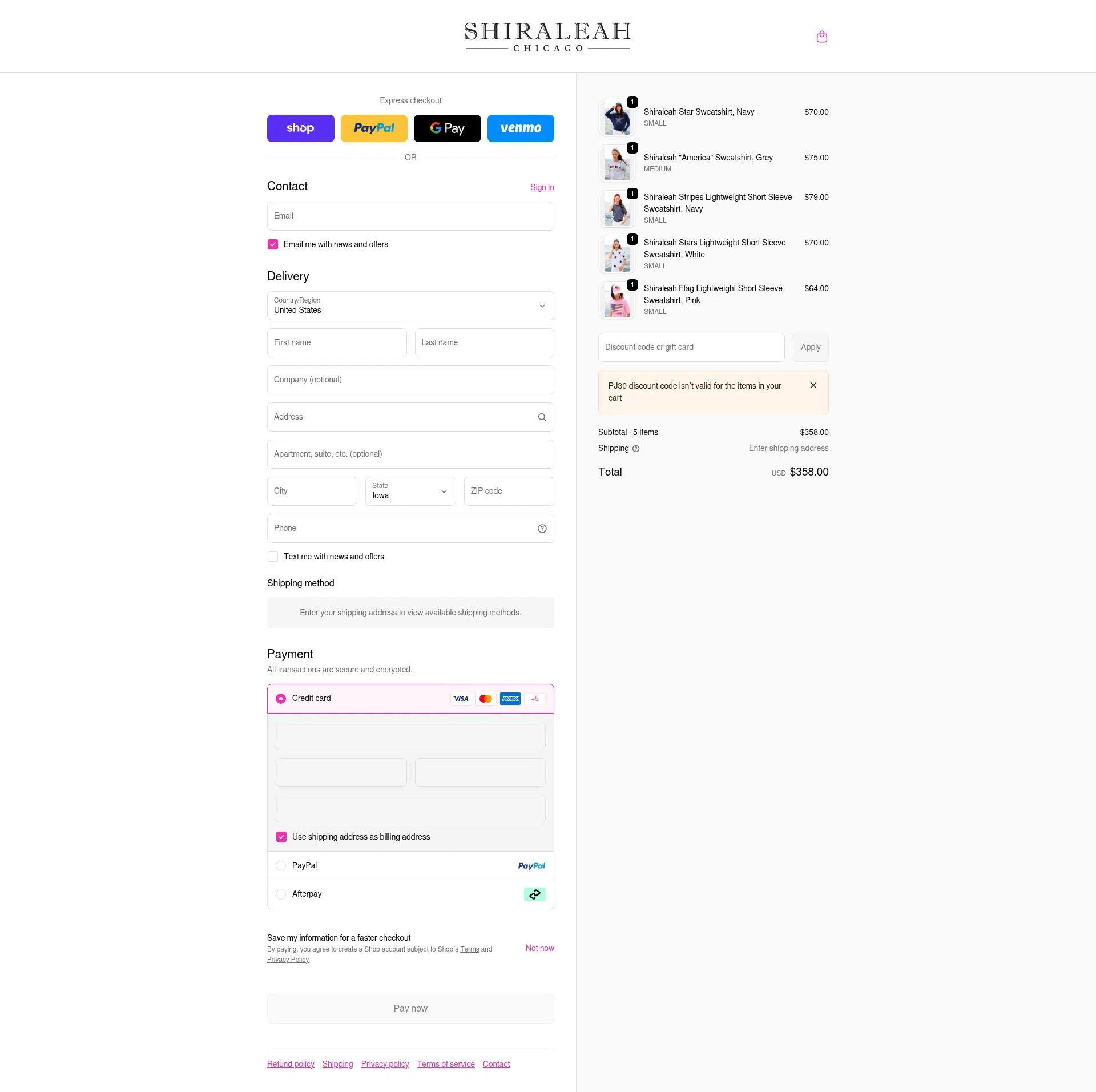 Shiraleah checkout page showing Shiraleah discount code box | Screenshot taken by SimplyCodes community member on Feb 14, 2026