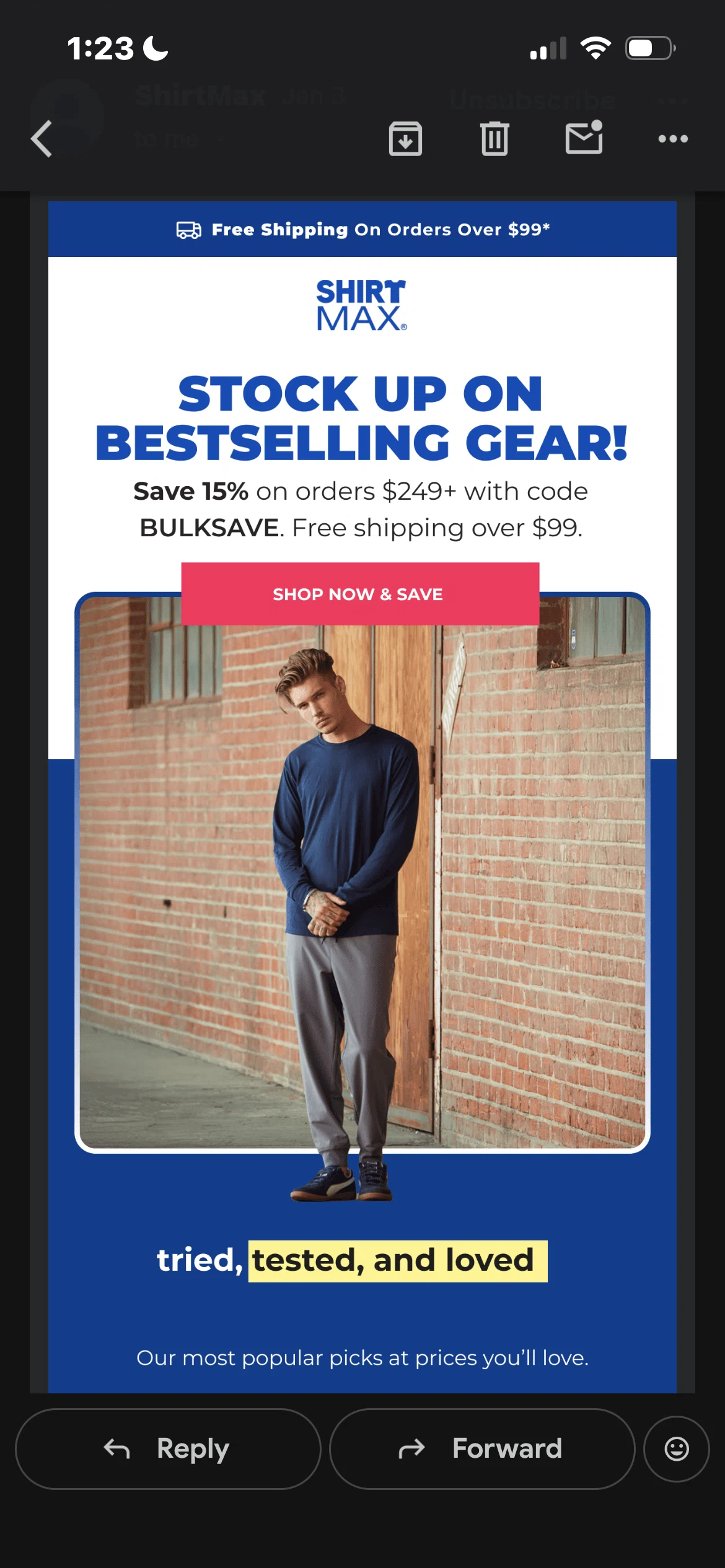 ShirtMax promo code screenshot showing code BULKSAVE applied at ShirtMax checkout page. Uploaded by SimplyCodes community member hectorbrito15 on Jan 12, 2026
