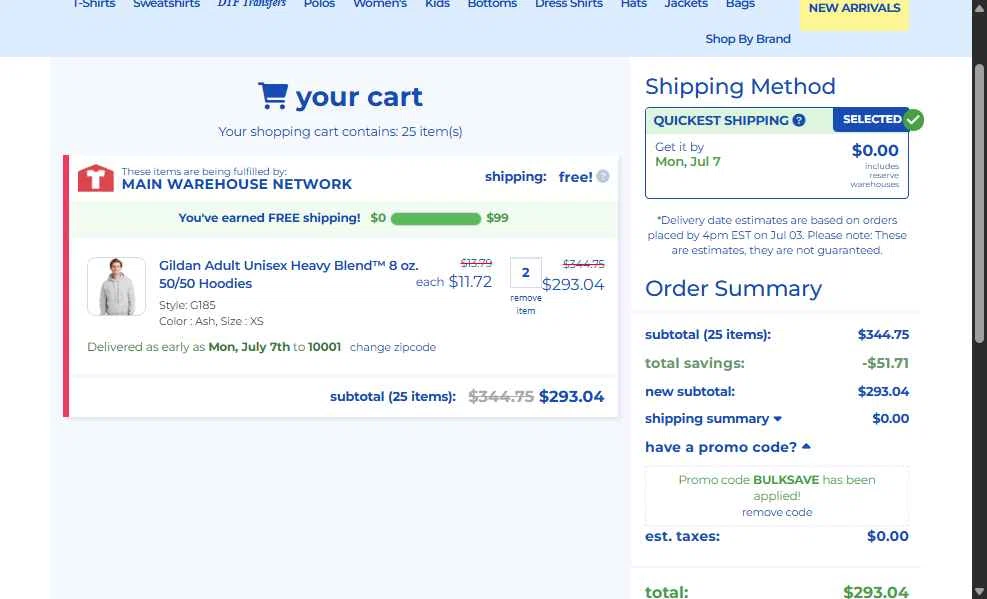 ShirtMax checkout page showing ShirtMax promo code box | Screenshot taken by SimplyCodes community member on Jul 3, 2025