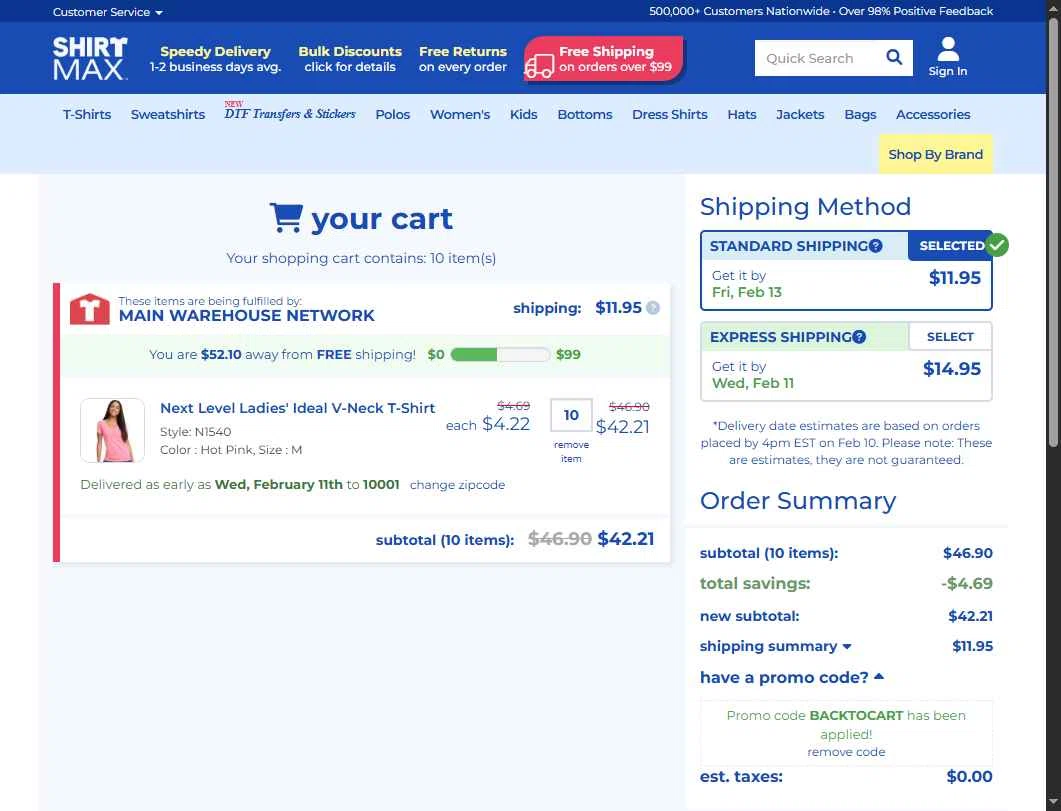 ShirtMax checkout page showing ShirtMax promo code box | Screenshot taken by SimplyCodes community member on Feb 10, 2026
