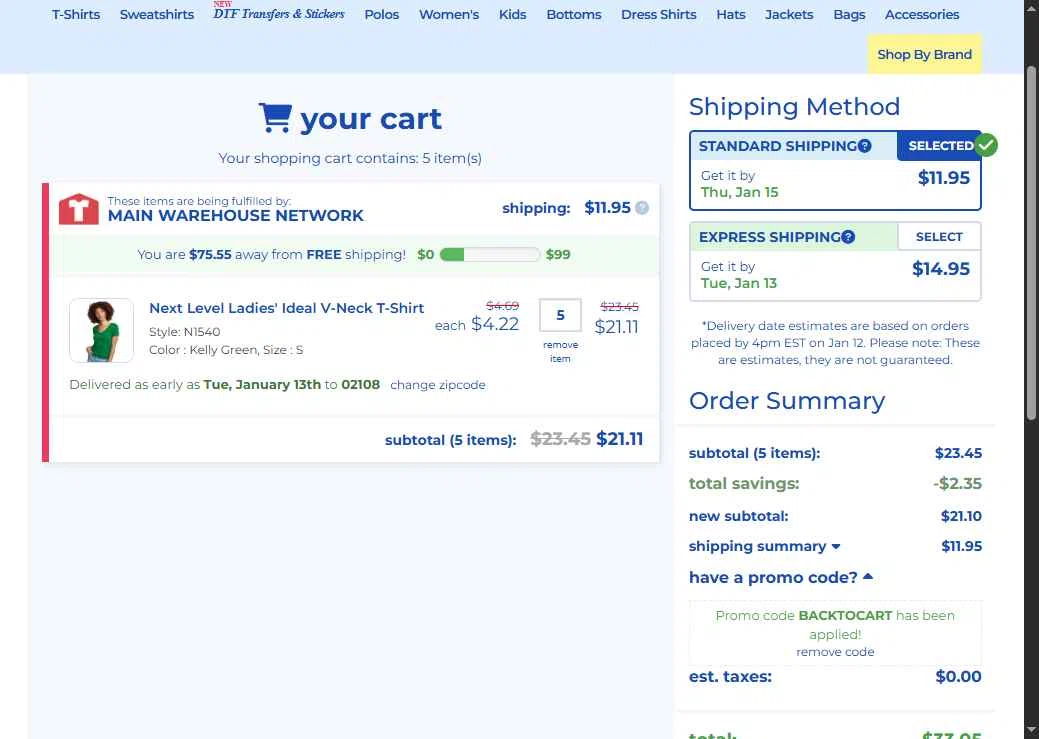 ShirtMax checkout page showing ShirtMax promo code box | Screenshot taken by SimplyCodes community member on Jan 12, 2026
