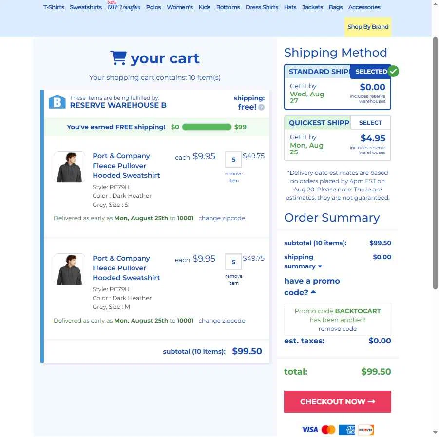 ShirtMax checkout page showing ShirtMax promo code box | Screenshot taken by SimplyCodes community member on Aug 20, 2025