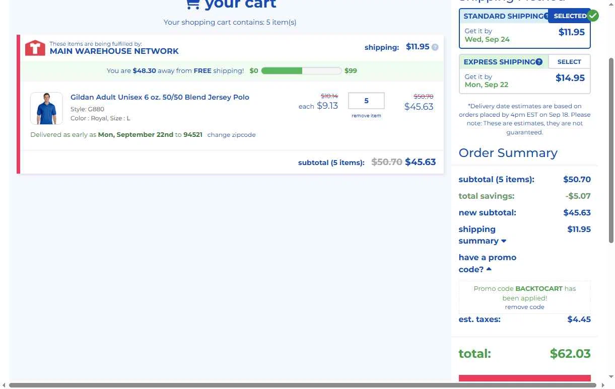 ShirtMax checkout page showing ShirtMax promo code box | Screenshot taken by SimplyCodes community member on Sep 18, 2025