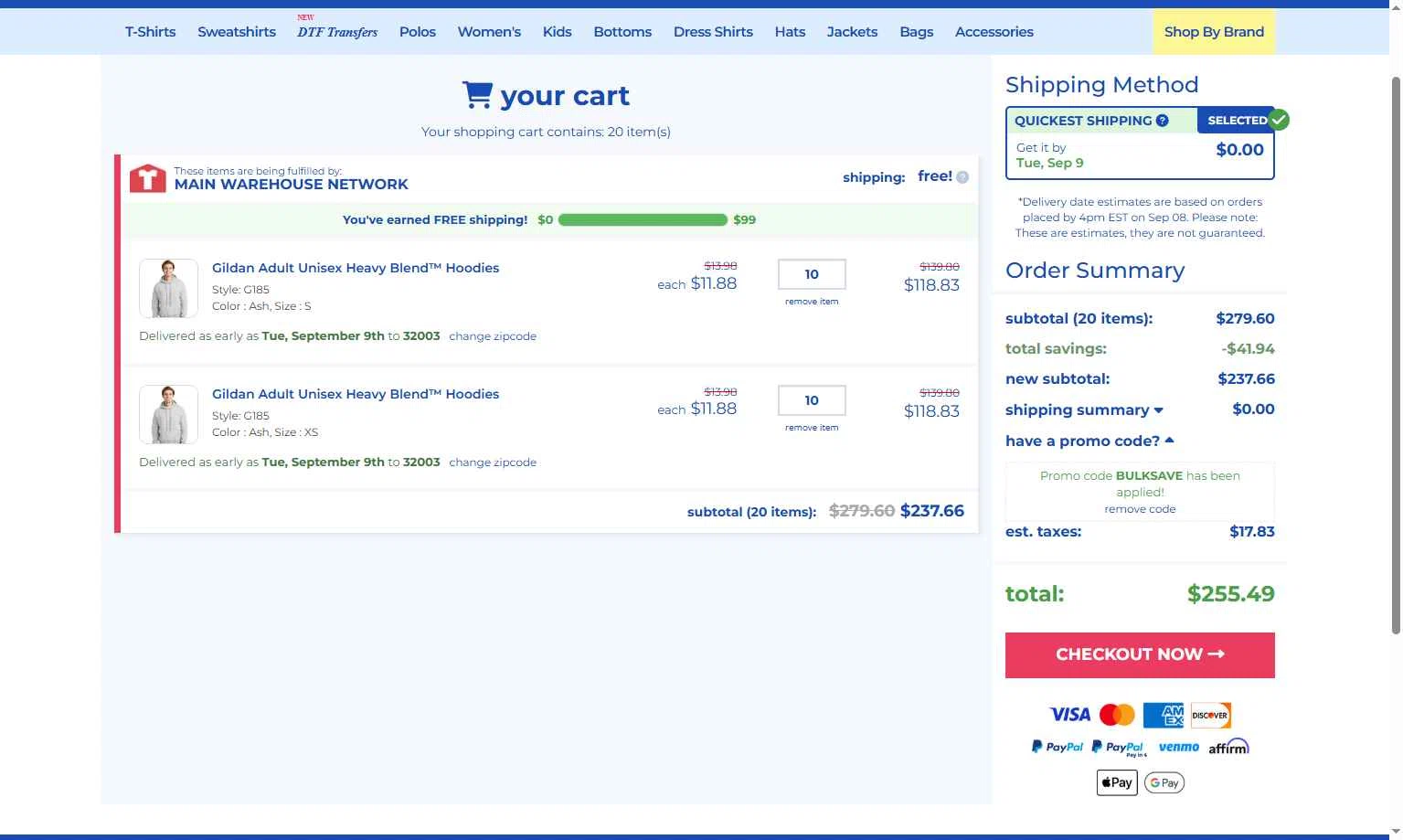 ShirtMax checkout page showing ShirtMax promo code box | Screenshot taken by SimplyCodes community member on Sep 8, 2025