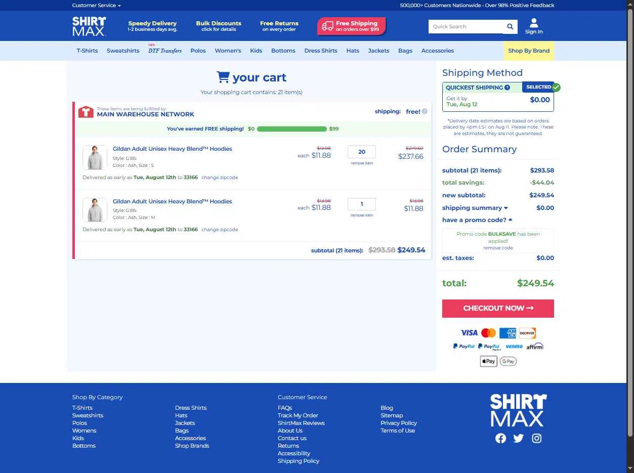 ShirtMax checkout page showing ShirtMax promo code box | Screenshot taken by SimplyCodes community member on Aug 10, 2025