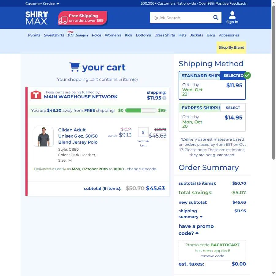 ShirtMax checkout page showing ShirtMax promo code box | Screenshot taken by SimplyCodes community member on Oct 17, 2025
