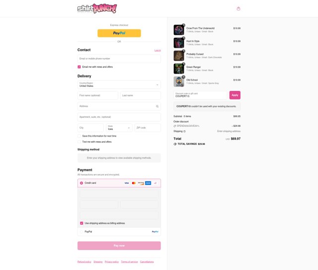 ShirtPunch checkout page showing ShirtPunch discount code box | Screenshot taken by SimplyCodes community member on Sep 2, 2025