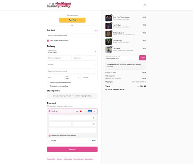 ShirtPunch checkout page showing ShirtPunch discount code box | Screenshot taken by SimplyCodes community member on Aug 29, 2025