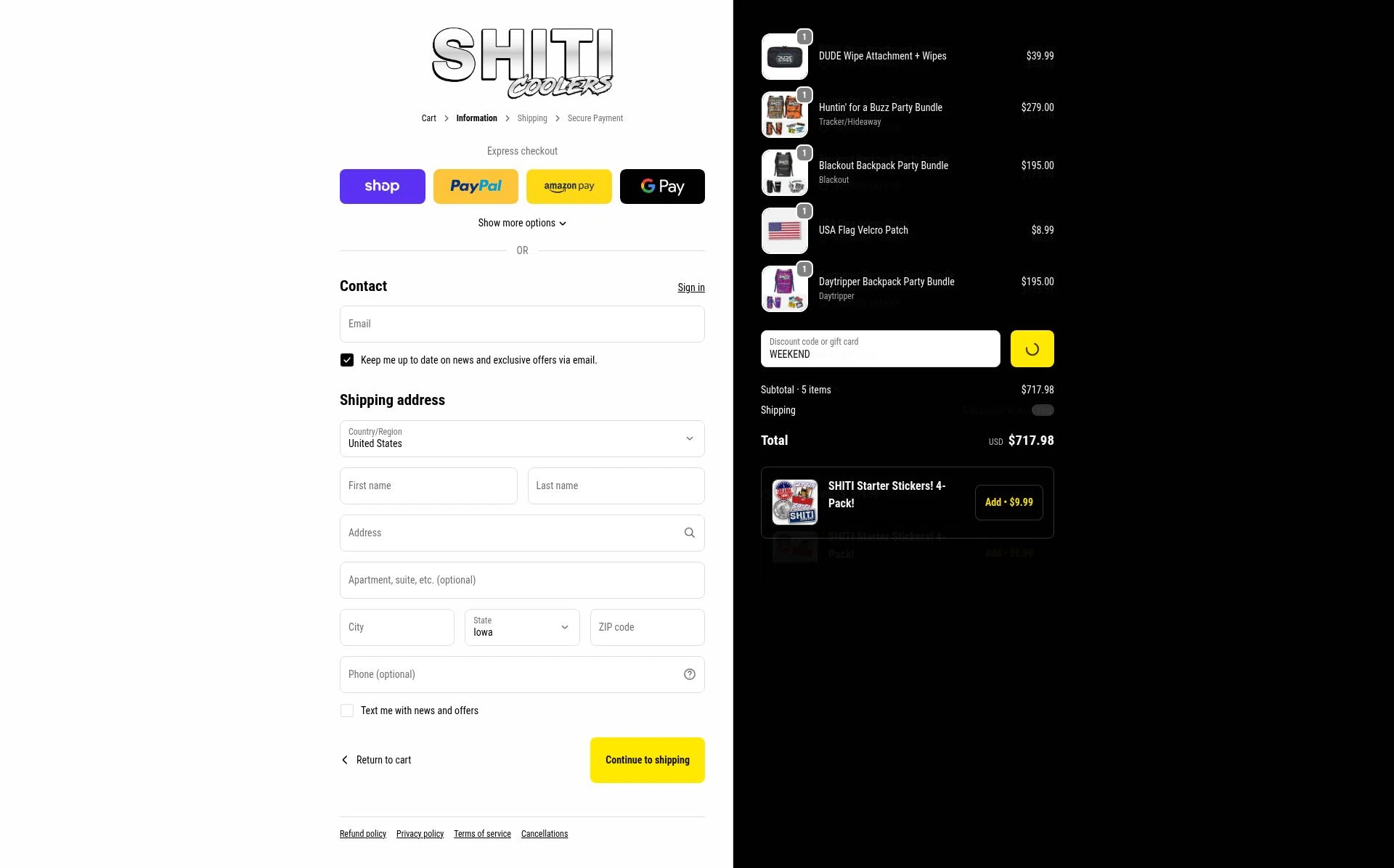 Shiti Coolers checkout page showing Shiti Coolers discount code box | Screenshot taken by SimplyCodes community member on Feb 1, 2026