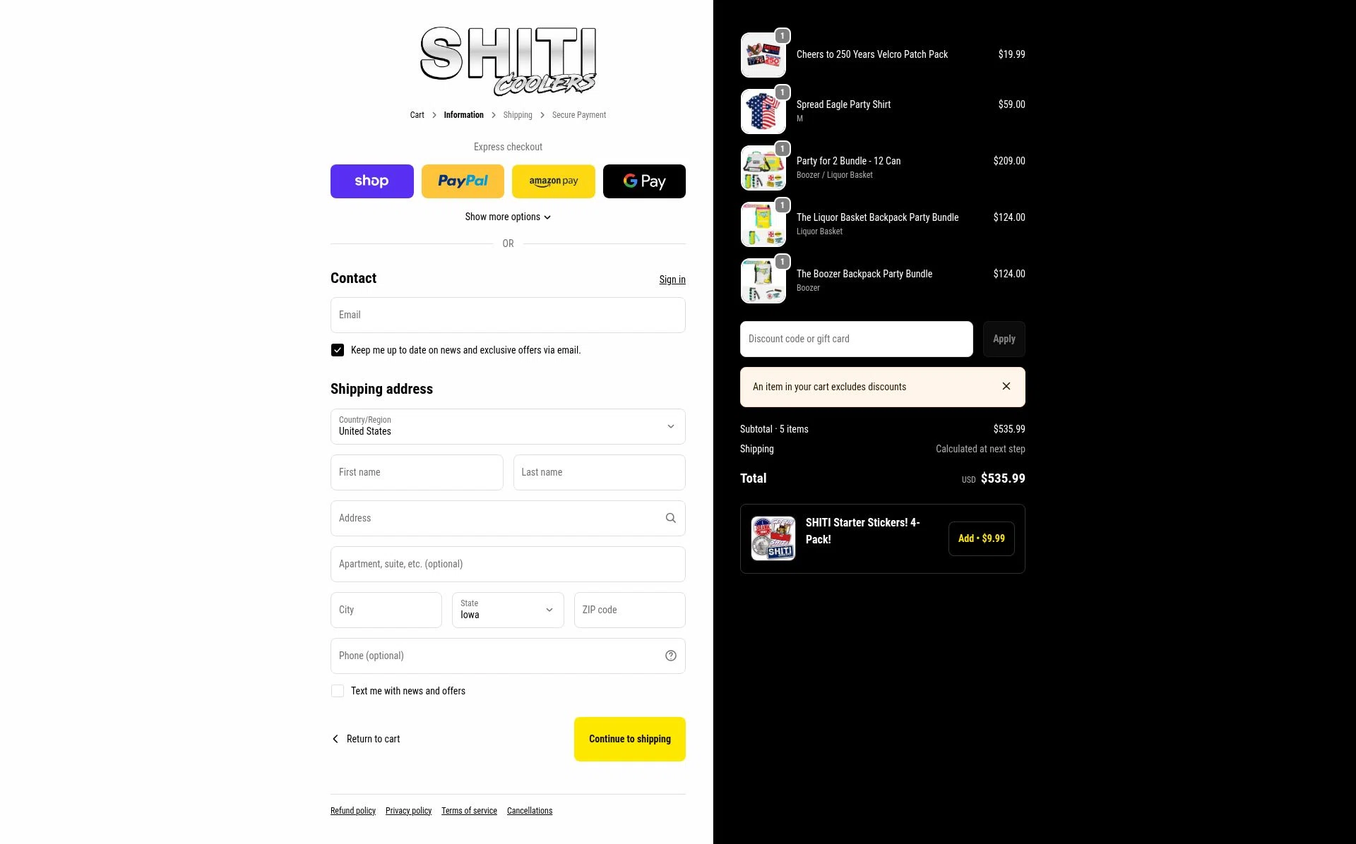Shiti Coolers checkout page showing Shiti Coolers discount code box | Screenshot taken by SimplyCodes community member on Feb 6, 2026
