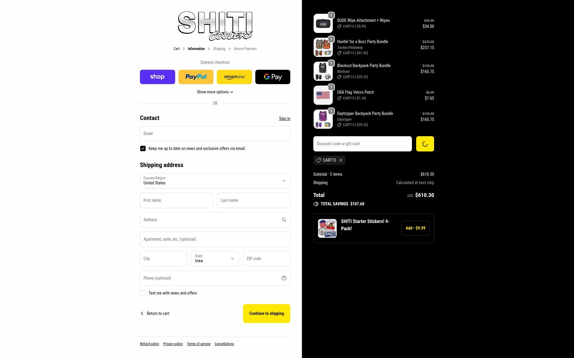 Shiti Coolers checkout page showing Shiti Coolers discount code box | Screenshot taken by SimplyCodes community member on Feb 1, 2026