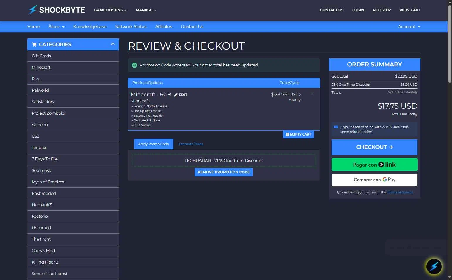 Shockbyte checkout page showing Shockbyte promo code box | Screenshot taken by SimplyCodes community member on Feb 3, 2026
