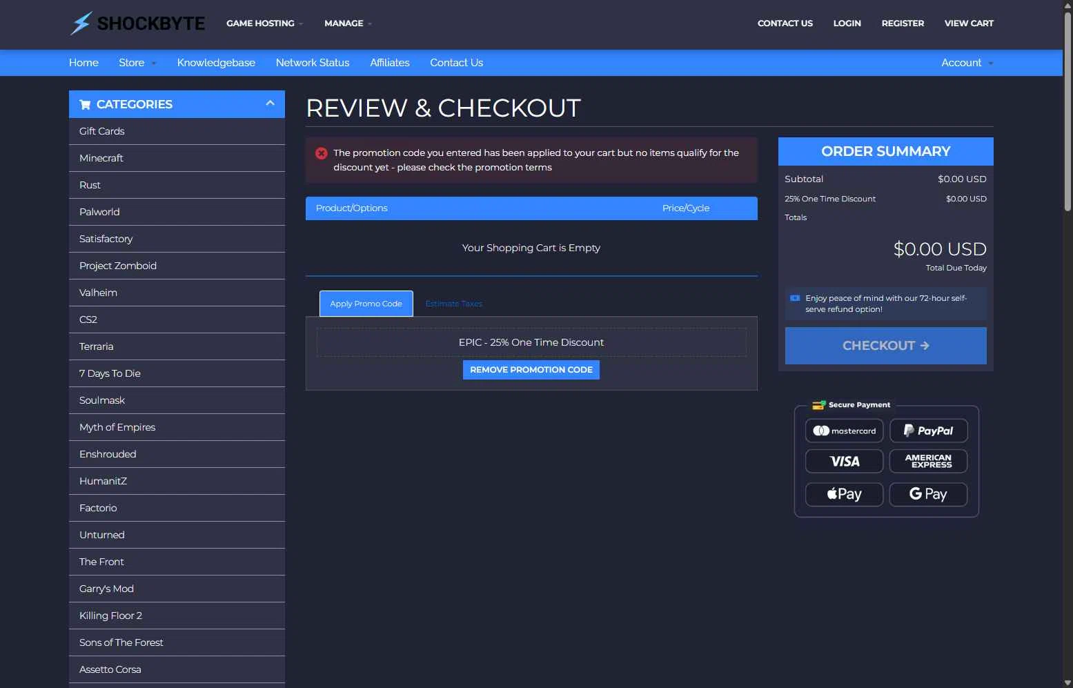 Shockbyte checkout page showing Shockbyte promo code box | Screenshot taken by SimplyCodes community member on Jan 26, 2026
